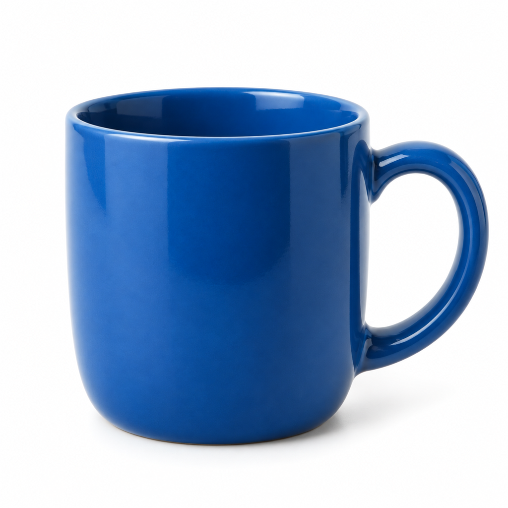 A simple blue ceramic cup on a plain white background. No text.