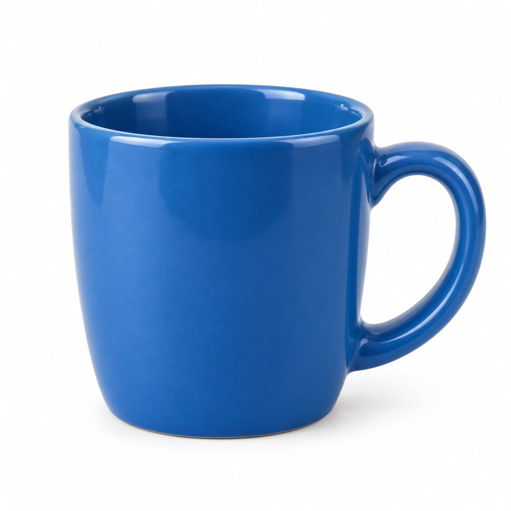 A simple blue ceramic cup on a plain white background. No text.