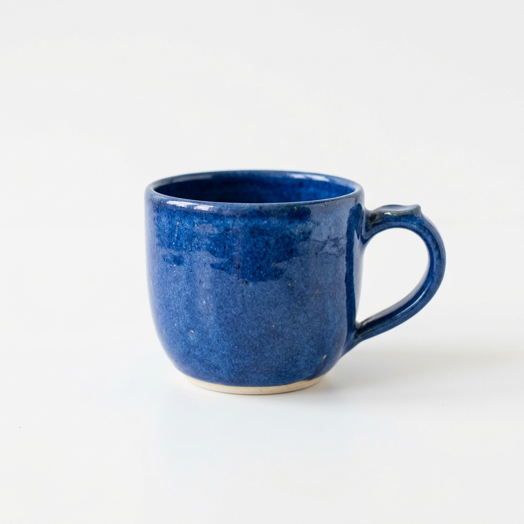 A simple blue ceramic cup on a plain white background. No text.