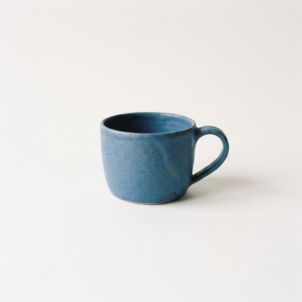 A simple blue ceramic cup on a plain white background. No text.